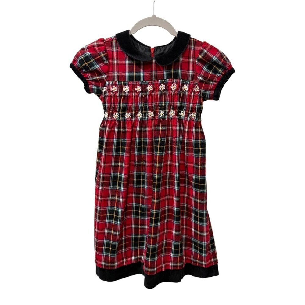 Hanna Andersson Girls Red Plaid Dress With Velvet Collar Christmas 120 sz 6